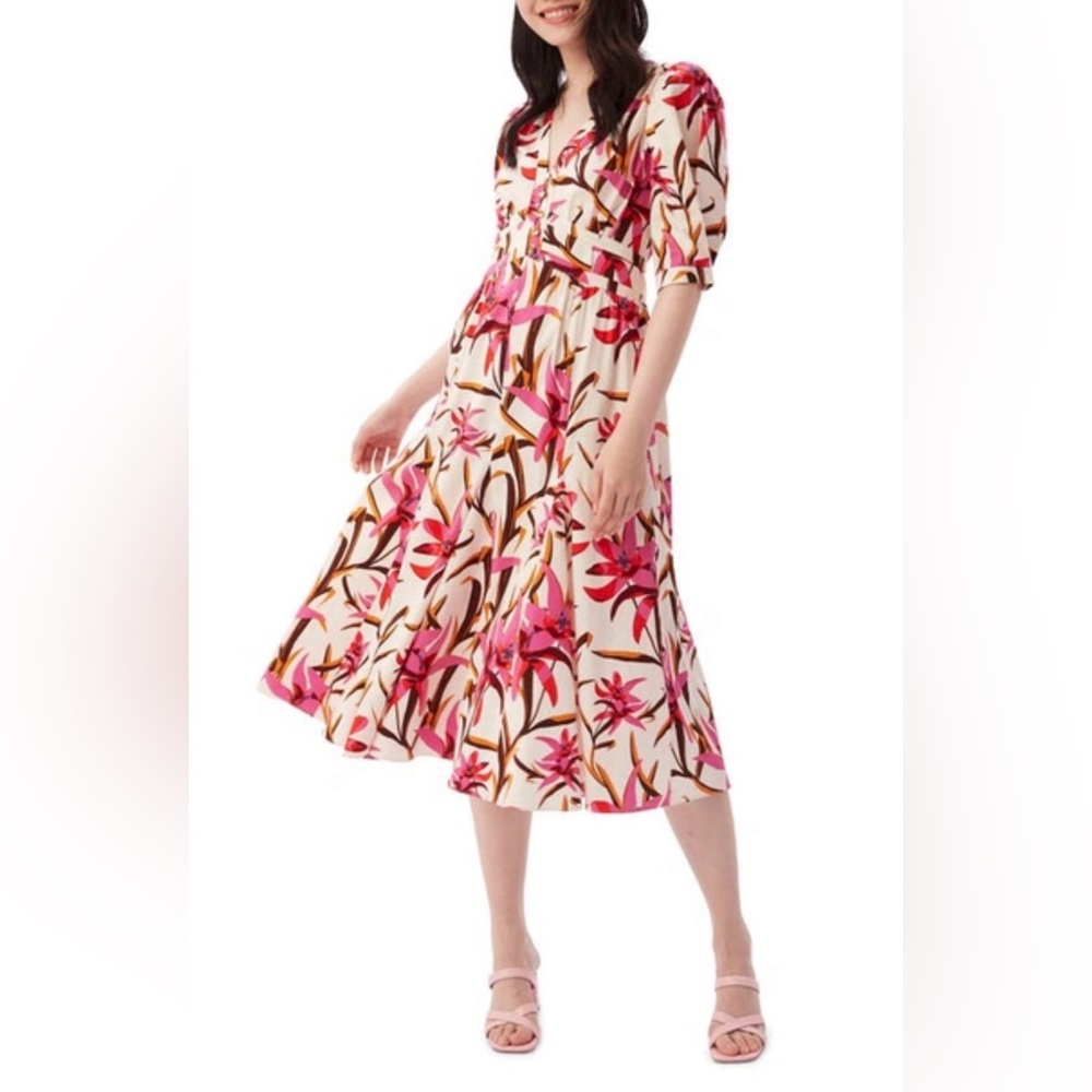 Diane Von Furstenberg Melissa Puff Sleeve Floral Midi Dress 4 Harlow Pink Ivory
